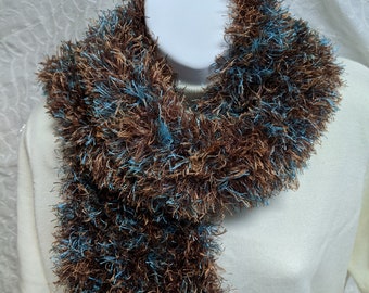 Beautiful Blue & Brown Scarf Knit in Shimmering Fun Fur Yarn #10