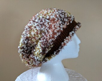 Slouch Hat in Downy Soft Brown & Cream Fancy Yarn with Med Brown Band - fits 20" adult head