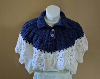 Lovely Crocheted Shawl Cape in Blue with White Lace Trim and Jeweled Buttons - one size fits most