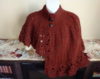 Fabulous Chunky Crocheted Shawl Cape with Lace Trim in a BROWN Color - one size fits most