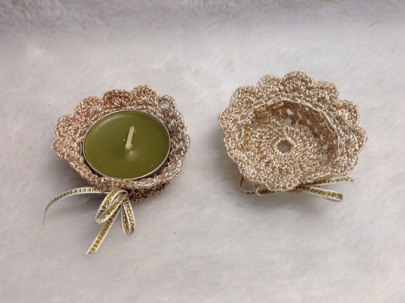 Crocheted in Metallic Beige Set of 2 Beige Flower Candle Holders fits Tealight Size