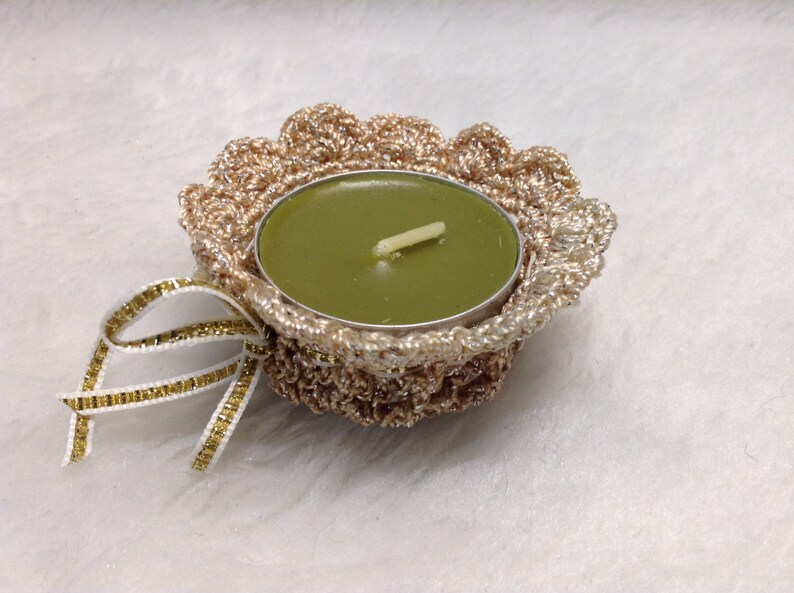 Crocheted in Metallic Beige Set of 2 Beige Flower Candle Holders fits Tealight Size