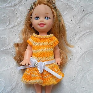 Cute Summery Hand Knit Doll Dress in Yellow fits 4.5&quot; Kelly Dolls   #04