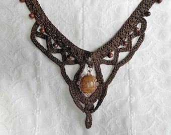 Crocheted Necklace - Metallic Brown w Various Beads