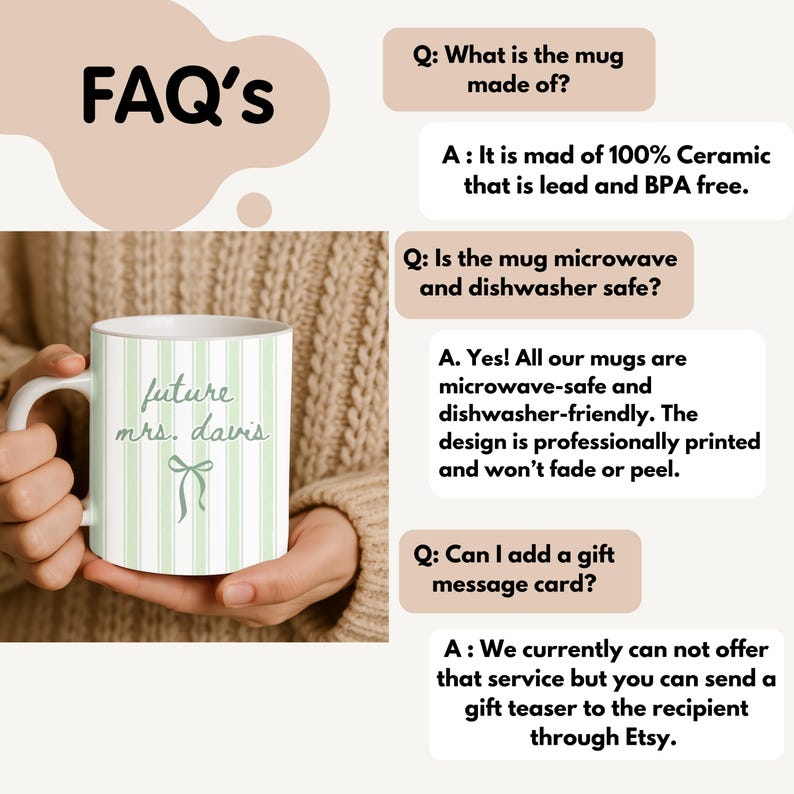 Green striped Future Mrs. personalized mug held in hands, displayed with FAQ text about materials, dishwasher safety, microwave safety, and gift message options. Perfect custom engagement mug for bride-to-be, wedding planning gift, or bridal shower present.