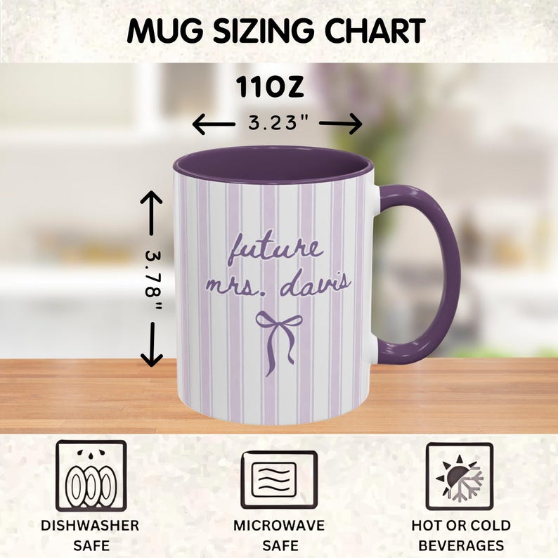 Purple Future Mrs. personalized mug shown with sizing measurements. Bride-to-be ceramic coffee mug with striped background and bow design. Engagement gift for fiancée, bridal shower, or proposal. Microwave-safe, dishwasher-safe mug with high-quality print and custom name option.