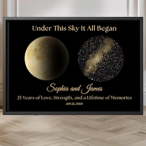 25th Anniversary Gift for Husband or Wife, Custom Moon and Stars on Wedding Night Wall Art, Personalized 25th Anniversary Gift for Couple