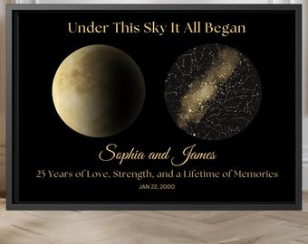 25th Anniversary Gift for Husband or Wife, Custom Moon and Stars on Wedding Night Wall Art, Personalized 25th Anniversary Gift for Couple