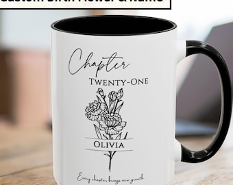 21st Birthday Gift, Chapter 21 Birth Flower Coffee Mug,  Birth Month Flower Notebook, Personalized 21 Years Old Birthday Present for Her