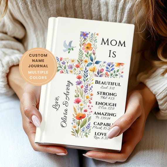 Personalized Book for Mom: Mothers day Journal with Floral Cross and Custom Name, Mom Memory Book, Christianity Gift for Mom, Gift from Kids