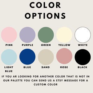 Puede incluir: Imagen que muestra una paleta de colores con el texto "COLOR OPTIONS". La paleta incluye rosa, morado, verde, amarillo, blanco, azul claro, azul, arena, rosa y negro. El texto en la parte inferior anima a solicitar colores personalizados.