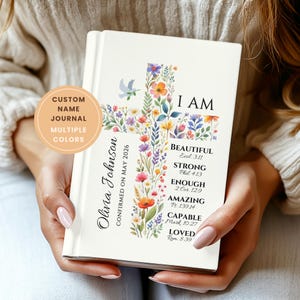 Personalized Confirmation Gift for Teens: Floral Cross Journal with Custom Name, First Communion Keepsake for Girls, Baptism Journal