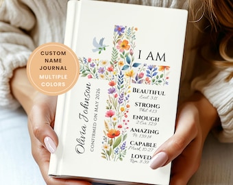 Personalized Confirmation Gift for Teens: Floral Cross Journal with Custom Name, First Communion Keepsake for Girls, Baptism Journal