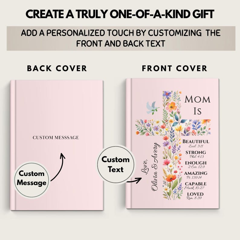 May include: A pink journal with a custom message option on the back cover and a floral cross design on the front. The front cover includes the words "MOM IS" and inspirational words. The text "Olivia & Avery" is also on the front cover.