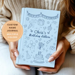 Peut inclure: Un journal bleu clair avec le texte "Olivia's Birthday Letters" et des dessins sur le thème de l'anniversaire. Le journal est ouvert, montrant le design de la couverture. Le journal a un nom personnalisé et est disponible en plusieurs couleurs.