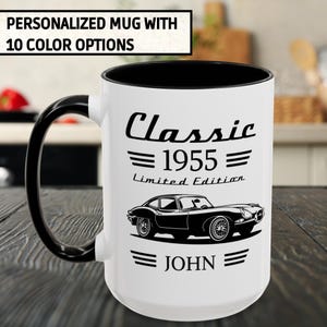 70歳の誕生日クラシックカー愛好家マグカップ、カスタマイズされた1955年生まれのカップ、限定版お父さんの誕生日プレゼント、70歳になる夫、彼へのプレゼント