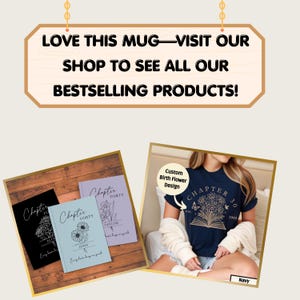 Promotional image showcasing bestselling items including Chapter Birth Flower journals and shirts, encouraging customers to explore the shop. Designed to pair with Future Mrs. personalized mug listings. Aesthetic wedding, birthday, and milestone gift products.