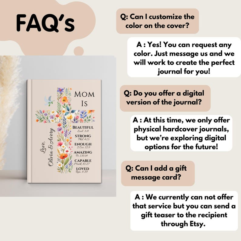 May include: A hardcover journal with a floral cross design. The cover reads "MOM IS" with words like "Beautiful" and "Loved" below. The journal includes the names "Olivia & Avery". FAQs about customization and digital versions are also shown.