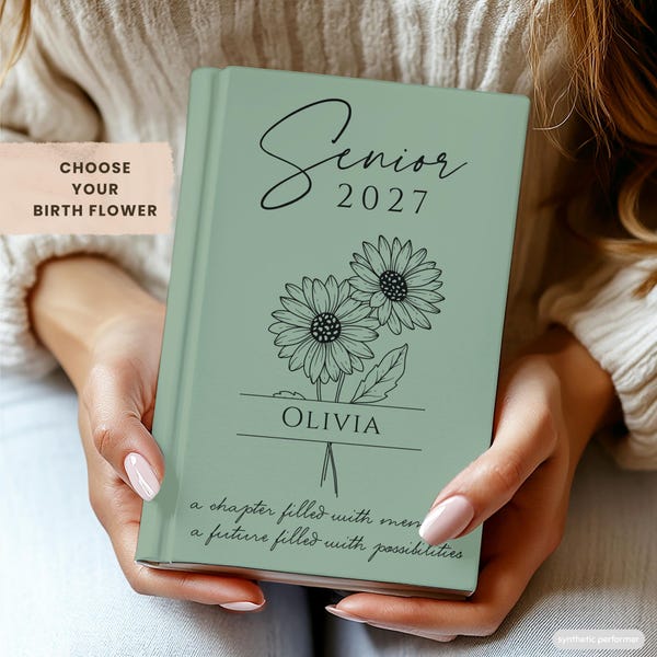 Journal senior 2027 avec fleur de naissance, carnet de souvenirs de la promotion 2027, cadeau lycée, année lycée, cadeau de remise des diplômes personnalisé