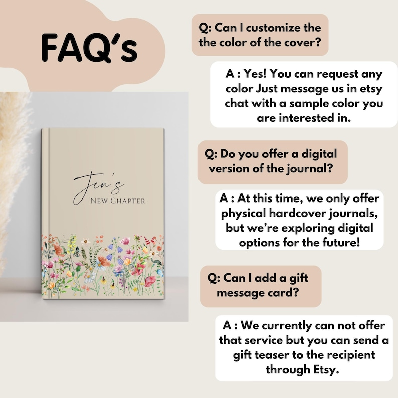 Puede incluir: Un diario de tapa dura beige con el texto "Jen's NEW CHAPTER" en escritura cursiva. La parte inferior de la portada est&aacute; adornada con un dise&ntilde;o floral en acuarela. La imagen tambi&eacute;n incluye preguntas frecuentes sobre personalizaci&oacute;n y versiones digitales.