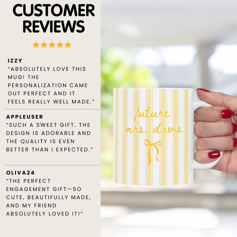 Future Mrs. mug in yellow striped design shown with customer reviews praising quality and personalization. Cute coquette bow engagement mug for brides-to-be, ideal thoughtful gift for fiancées, weddings, and bridal showers. Professionally printed ceramic mug with customizable name.”