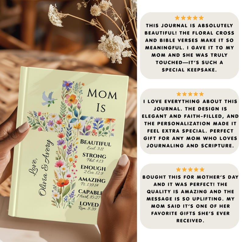 May include: A journal with a floral cross design and the words "Mom Is" on the cover. The cross is filled with colorful flowers and leaves. The journal also includes the words "Beautiful," "Strong," "Enough," "Amazing," "Capable," and "Loved."