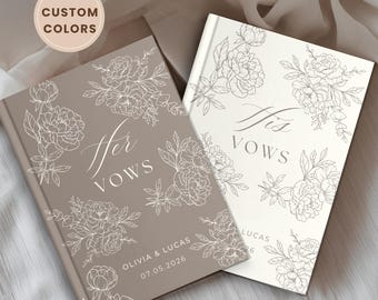 May include: Two wedding vow books, one taupe and one cream, with floral line art. The taupe book reads "Her Vows" and the cream book reads "His Vows". The taupe book also has the names "Olivia & Lucas" and the date "07.05.2026". A circular graphic reads "10 Custom Colors".