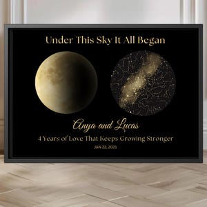 4th Anniversary Gift for Him or Her, Custom Moon and Stars on Wedding Night Wall Art, Personalized 4th Anniversary Gift for Couple