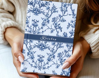 Blue Toile Journal with Name, Personalized Coquette Notebook for Women, Custom Bridesmaid Gift, Wedding Party Proposal Keepsake