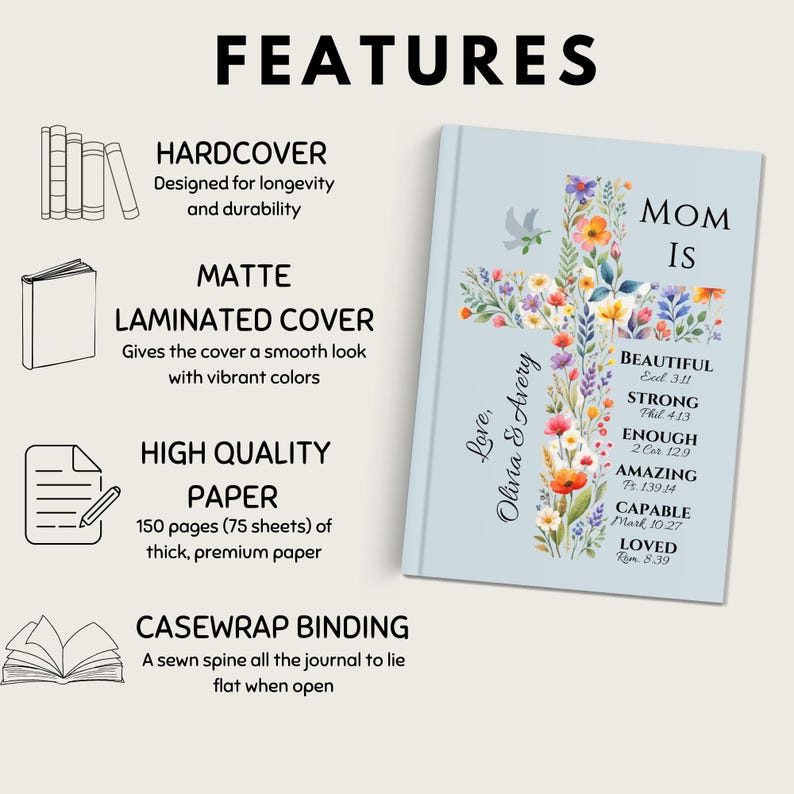 May include: A light blue hardcover journal with a floral cross design. The cover reads "MOM IS" with inspirational words. Features include a matte laminated cover, high-quality paper, and casewrap binding.