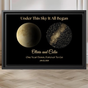 1st Anniversary Gift for Husband or Wife,  Custom Moon and Stars on Wedding Night Wall Art, Personalized 1st Anniversary Gift for Couple