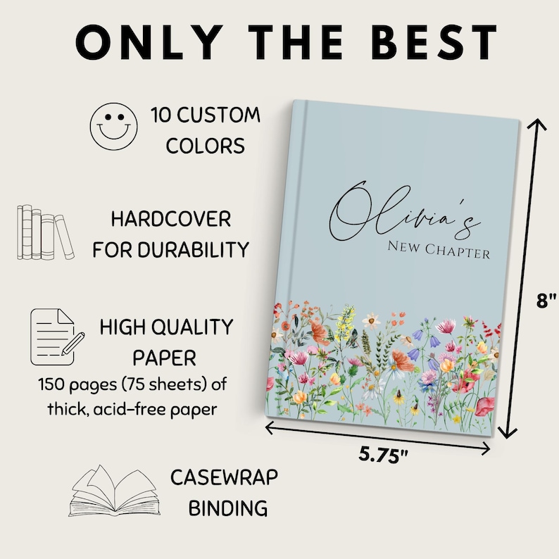 Puede incluir: Un diario de tapa dura azul claro con el texto "Olivia's New Chapter" y un dise&ntilde;o floral. El diario mide 14,6 cm de ancho y 20,3 cm de alto, con 150 p&aacute;ginas de papel sin &aacute;cido. Encuadernaci&oacute;n casewrap y 10 colores personalizados.