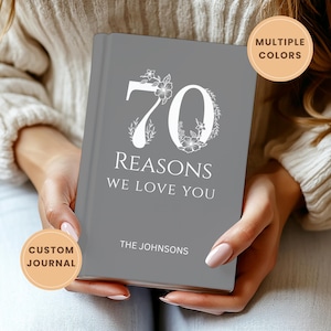 Op de afbeelding: Een grijs notitieboek met het nummer 70 en de woorden "REASONS WE LOVE YOU" in het wit. Het notitieboek heeft ook de tekst "THE JOHNSONS" onderaan. Het notitieboek wordt door een persoon vastgehouden.