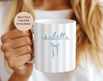 Personalized Name Mug–Blue Stripe Coquette Bow Design, Cute Coffee Cup Gift for Her, Bridal Party Favor, Teen Girl, Custom Gift for Girls