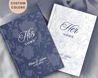 Blue Toile Wedding Vow Books for Bride & Groom, Personalized His and Her Wedding Vows Journal, Wedding Ceremony Gift for Couples