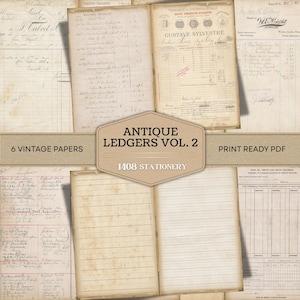 May include: A collection of six vintage papers, including ledgers and receipts, with handwritten text and aged paper textures. The image features the text "Antique Ledgers Vol. 2" and "Print Ready PDF". The papers are a mix of lined and unlined pages.