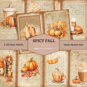Puede incluir: Una hoja de collage digital con temática otoñal. El diseño presenta ilustraciones en acuarela de calabazas, velas y hojas de otoño. Se incluye el texto "Spicy Fall" y "1408 Stationery". La paleta de colores general es cálida, con tonos de naranja, marrón y beige.