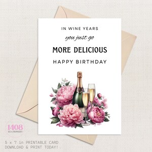 Champagne Happy Birthday Printable Card . Wine Glasses Flowers  Friends Family Greeting Note . Celebration Wishes Message Party Time