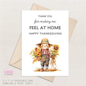 Happy Thanksgiving Printable Card. Cute Scarecrow Herbst Abendessen Freunde Familie Gruß Note. Feier Wünsche Danke Feiertage Nachricht