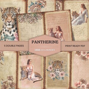 Puede incluir: Un conjunto de papelería digital con estética vintage. El diseño presenta un leopardo, elementos florales y mujeres con vestidos. El texto de la imagen dice "Pantherine" y "1408 Stationery". El conjunto incluye 5 páginas dobles y está listo para imprimir en formato PDF.