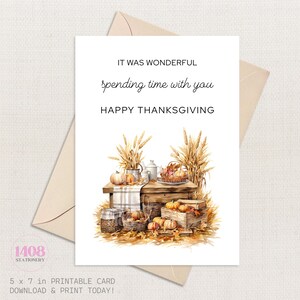 Printbare kaart voor een fijne Thanksgiving. Leuke pompoen voor een herfstdiner, vrienden en familie. Bedankkaart voor een feestelijke herfstvakantie.