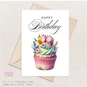 Cupcake Happy Birthday Printbare kaart. Leuke bloemen, vrienden en familie, felicitatiekaart. Wensen voor een feestje, taarttijd.