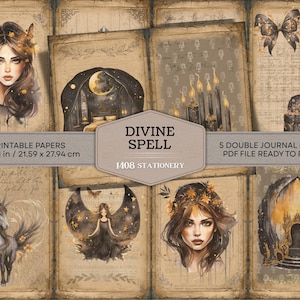 Puede incluir: Una colección de papeles imprimibles con estética vintage. El diseño presenta ilustraciones de una mujer, un unicornio, un hada y una escena iluminada por la luna. El texto dice "DIVINE SPELL" y "5 DOUBLE JOURNAL PAGES". Tamaño del papel: 21,59 x 27,94 cm.