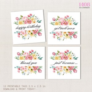 Bedrukbare labels met bloemen. Fijne verjaardag, beterschap, bedankt, zomaar. Wensen, waardering, dankbaarheid, zorg, bloemen, notities.