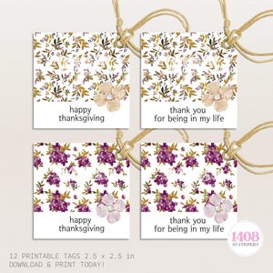Happy Thanksgiving Printable Tags. Dinner Friends Family Greeting Purple Floral Note . Celebration Wishes Warmest Thank You Holidays Message