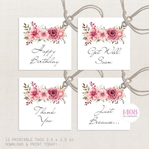 Étiquettes florales imprimables pour vœux : Joyeux anniversaire, Bon rétablissement, Merci, juste comme ça. Vœux, Appréciation, Reconnaissance, Attention, Fleurs, Note