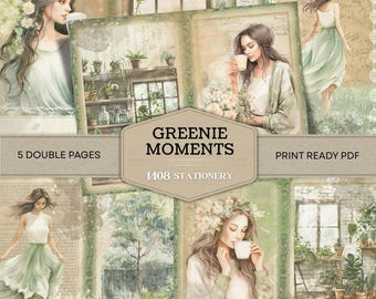 Puede incluir: Un collage digital con ilustraciones de acuarela de mujeres, plantas y ventanas. El texto "GREENIE MOMENTS" y "1408 STATIONERY" se muestran en una pancarta. También son visibles las palabras "5 DOUBLE PAGES" y "PRINT READY PDF".