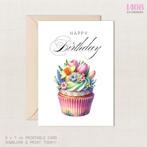 Cupcake Happy Birthday Printbare kaart. Leuke bloemen, vrienden en familie, felicitatiekaart. Wensen voor een feestje, taarttijd.