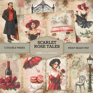 Puede incluir: Un collage de ilustraciones de estilo vintage con temática romántica. Las imágenes incluyen una mujer con sombrero rojo, una botella de vino, rosas y el texto "SCARLET ROSE TALES". La paleta de colores es cálida, con rojos, marrones y cremas.