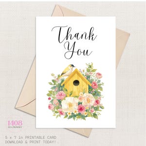 Birdhouse Thank You Printable Card . Cute Bird Floral Greeting Note . Thanks Warmest Care Hearfelt Message . Friendly Reminder Appreciation